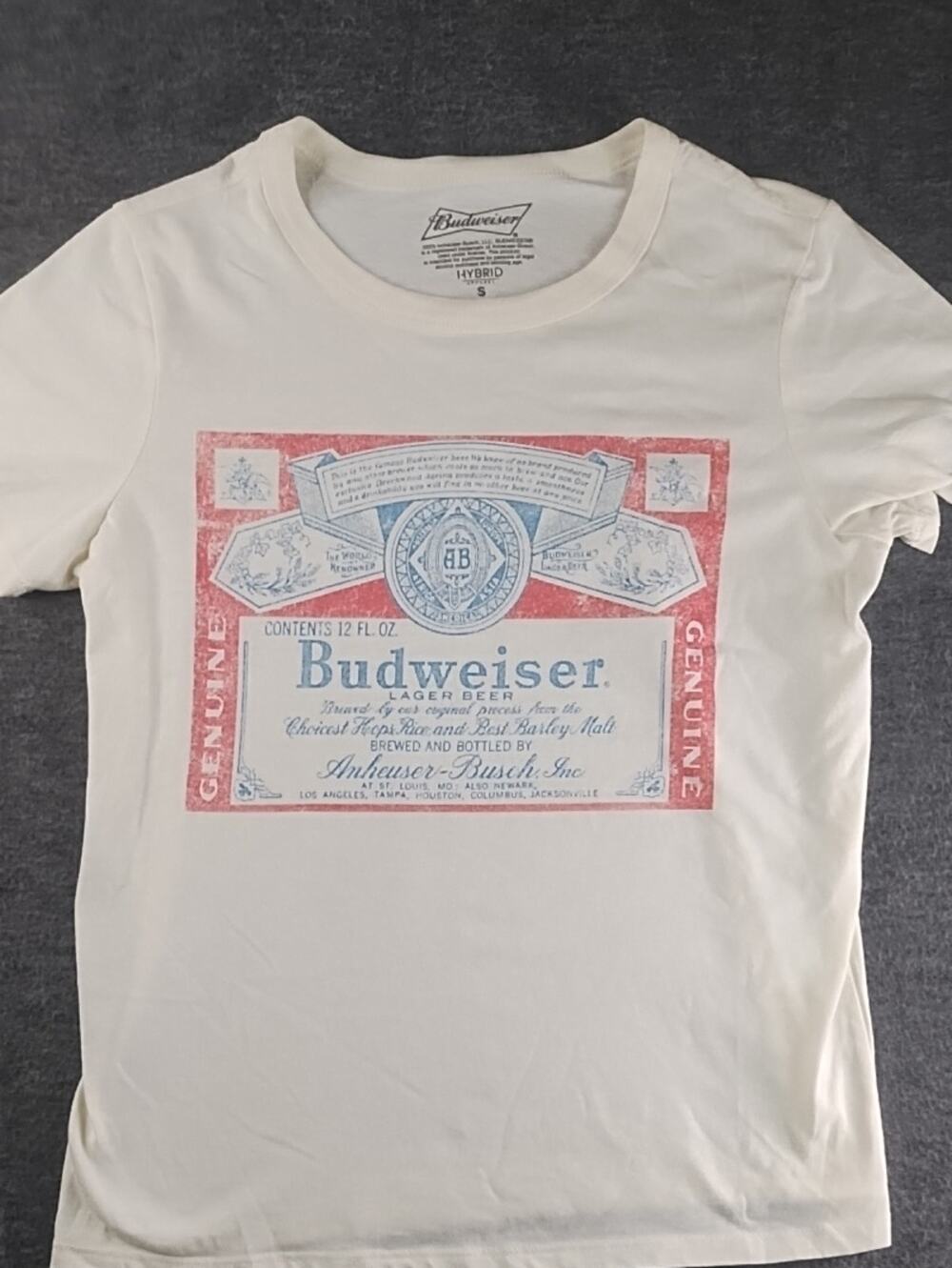 Budweiser Cream Tee with Red and Blue Label Graphic